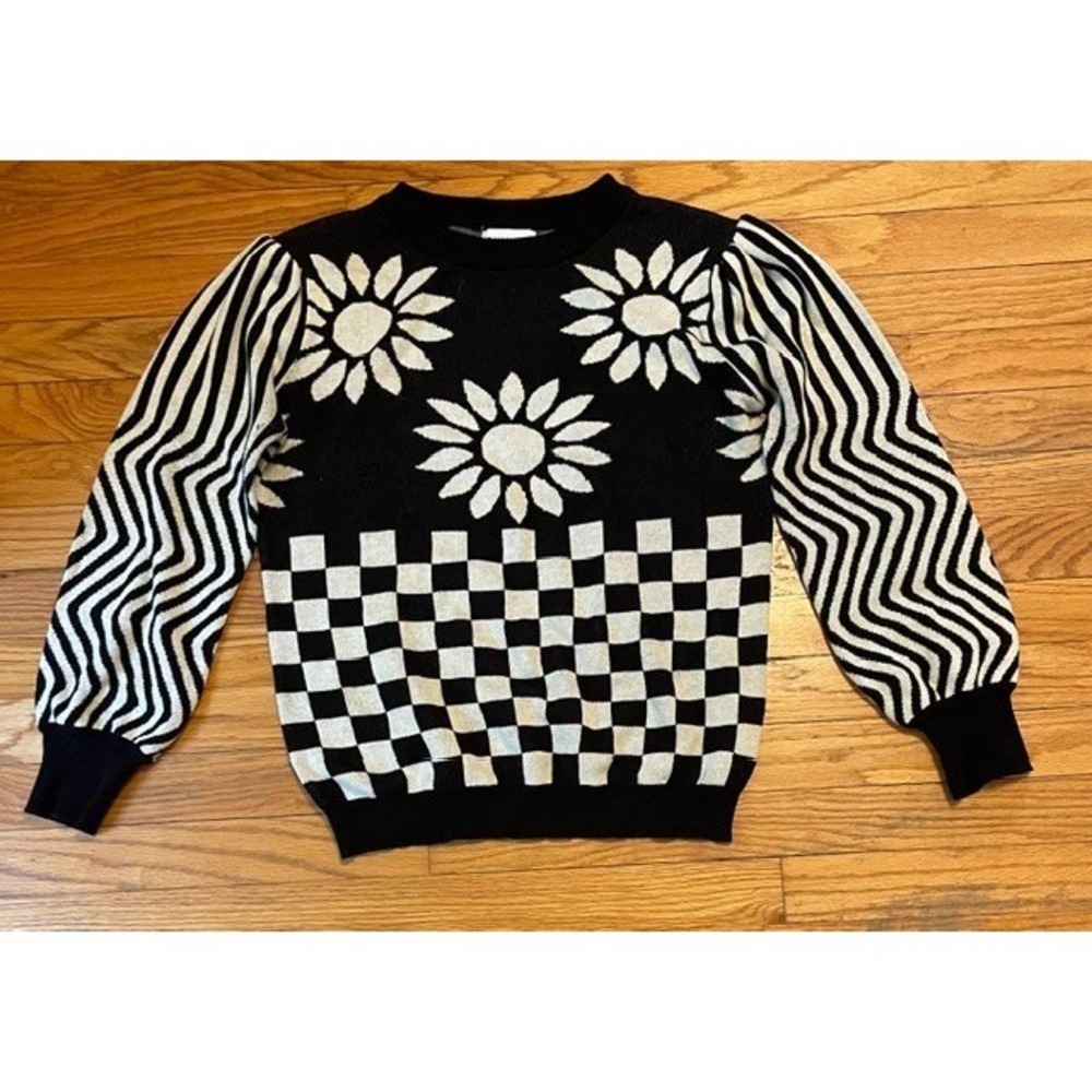 OXKNIT Vintage Look Sweater Black & White Optical Pattern M Medium